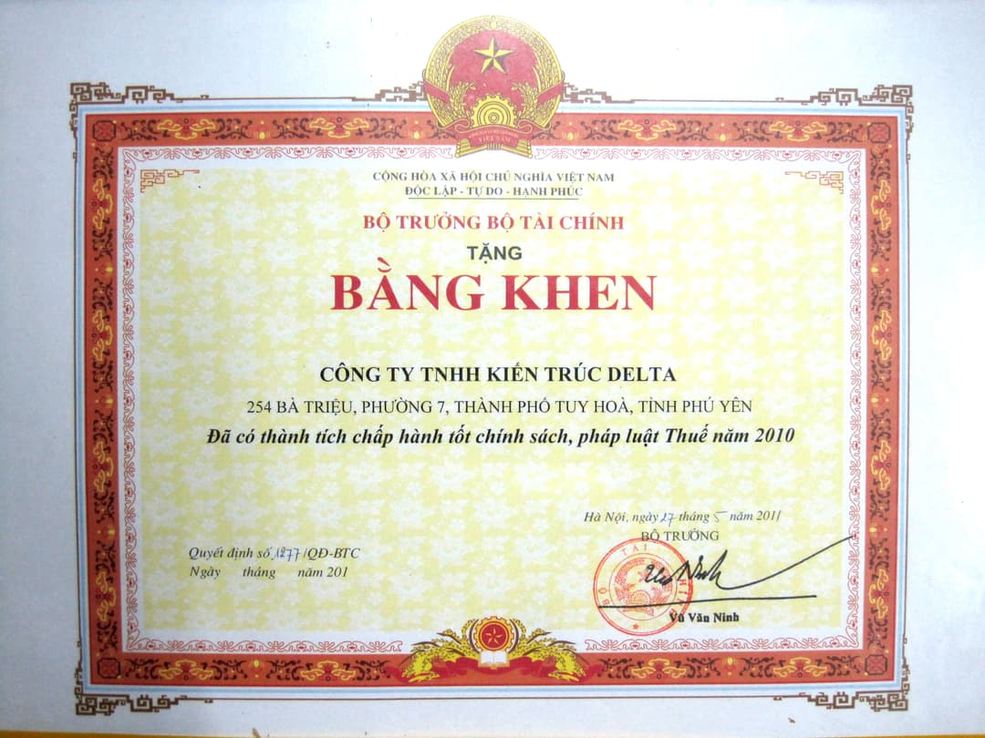 Bằng Khen Từ Bộ Tài Chính 2011