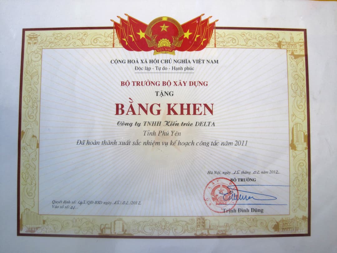 Bằng Khen Từ Bộ Xây Dựng 2012