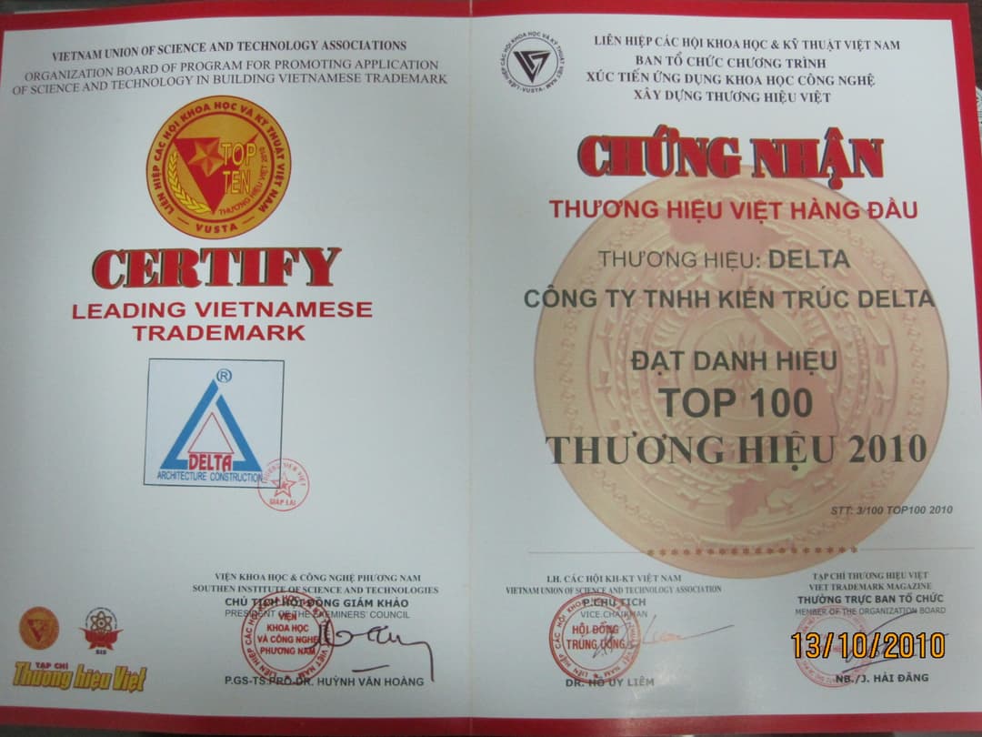 Chứng Nhận TOP 100 Thương Hiệu Hàng Đầu Việt Nam 2010