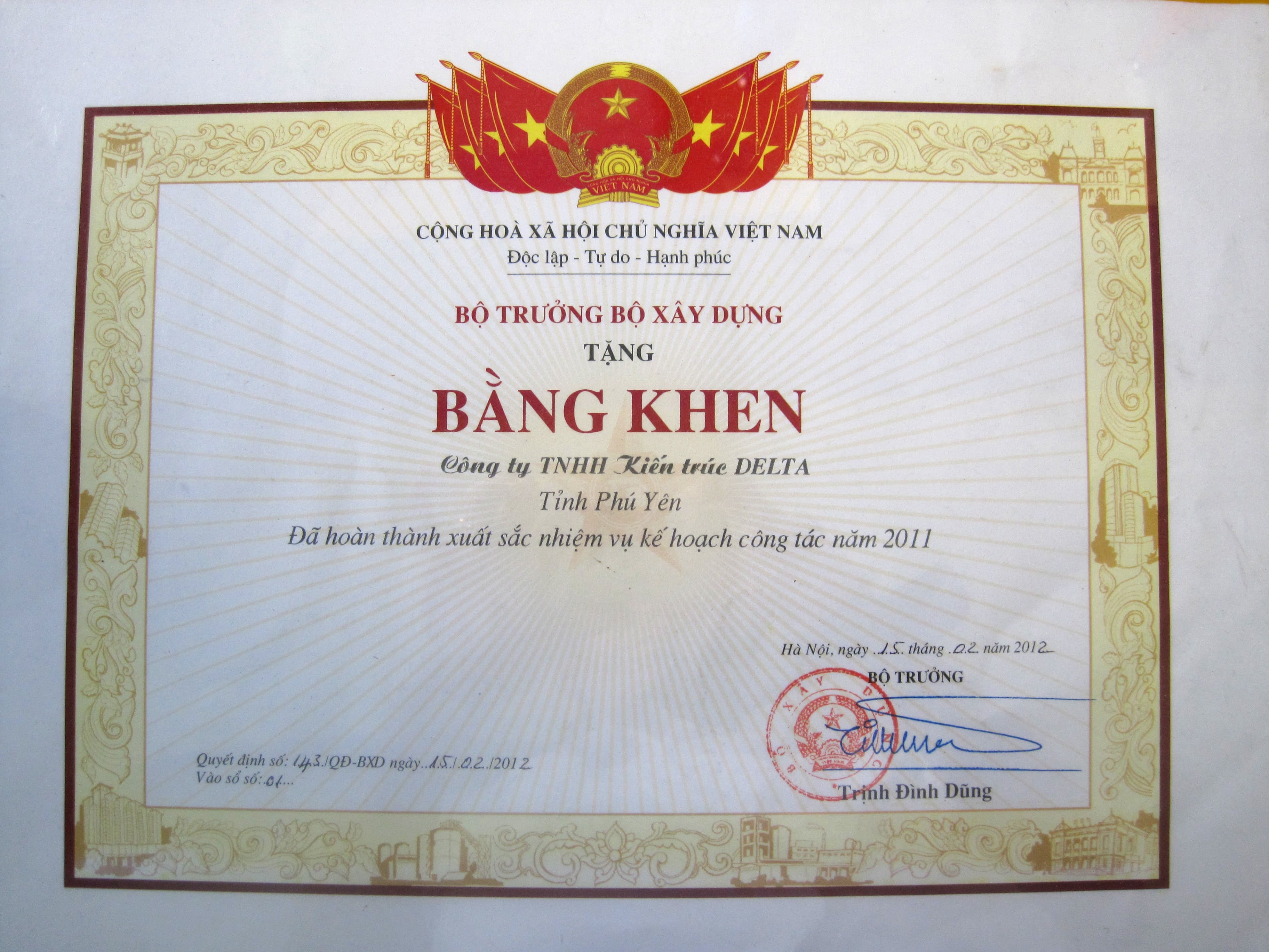 Bằng khen Bộ Xây dựng năm 2012