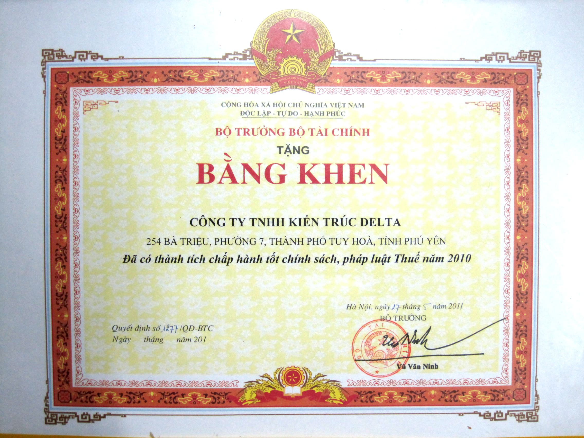 Bằng khen Bộ Tài chính năm 2011 trong hồ sơ thành tựu DELTA